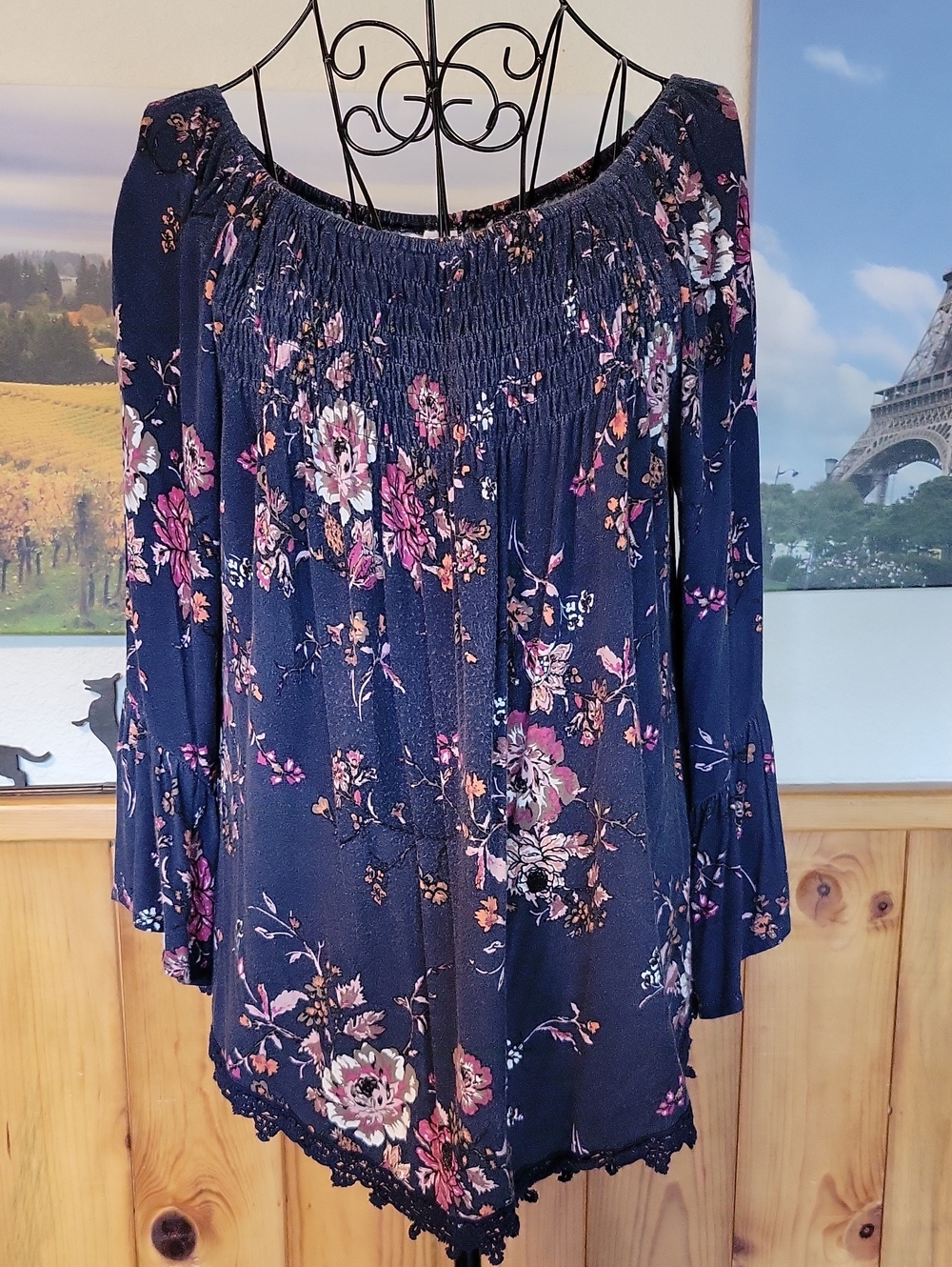 Navy Floral Off-Shoulder Smocked Tunic Top